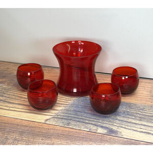 Vintage MCM Ruby Red Hand Blown Art Glass Jug w 4 Roly Poly Glasses Set‎ Sake